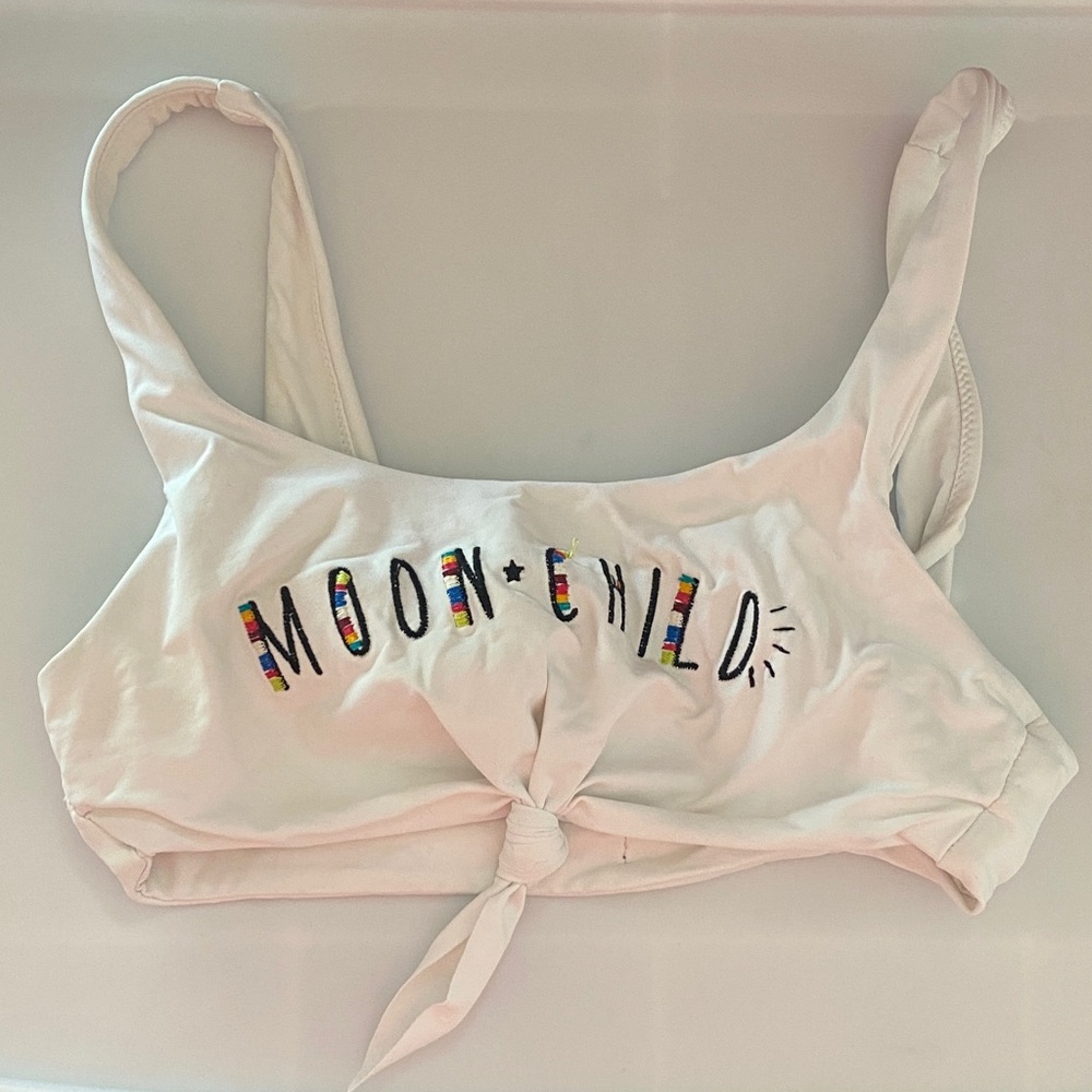 Banana Moon Knotted Crop Top with Rainbow 'MOON CHILD' Embroidery